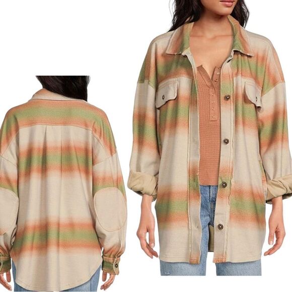 FREE People Ruby Print Shacket Ombre Stripe Marzipan NWT Sml Mocha Mousse - Picture 14 of 17